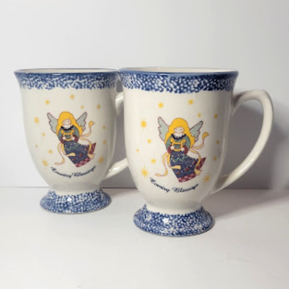 SET OF 2 COUNTRY BLESSINGS ANGEL COFFEE MUG RUSTIC FARM HOUSE SPONGEWARE
